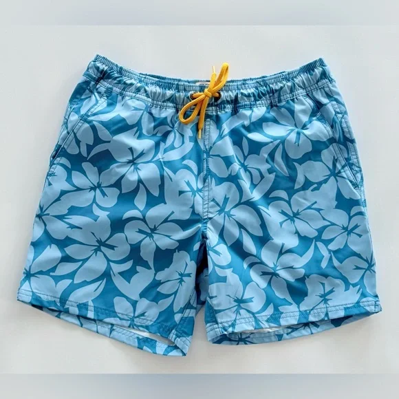 J Crew Swim Shorts “Flex Swimwear” Blue Floral Hibiscus Elastic Mens Small S - Picture 1 of 8